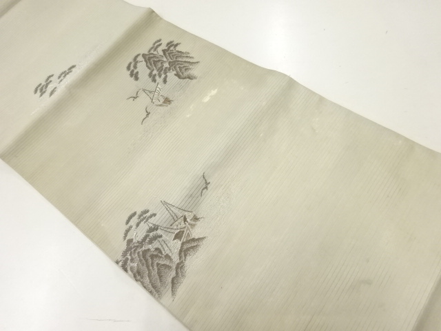 JAPANESE KIMONO / ANTIQUE SUMMER MARU OBI / WOVEN SHIP & PINE